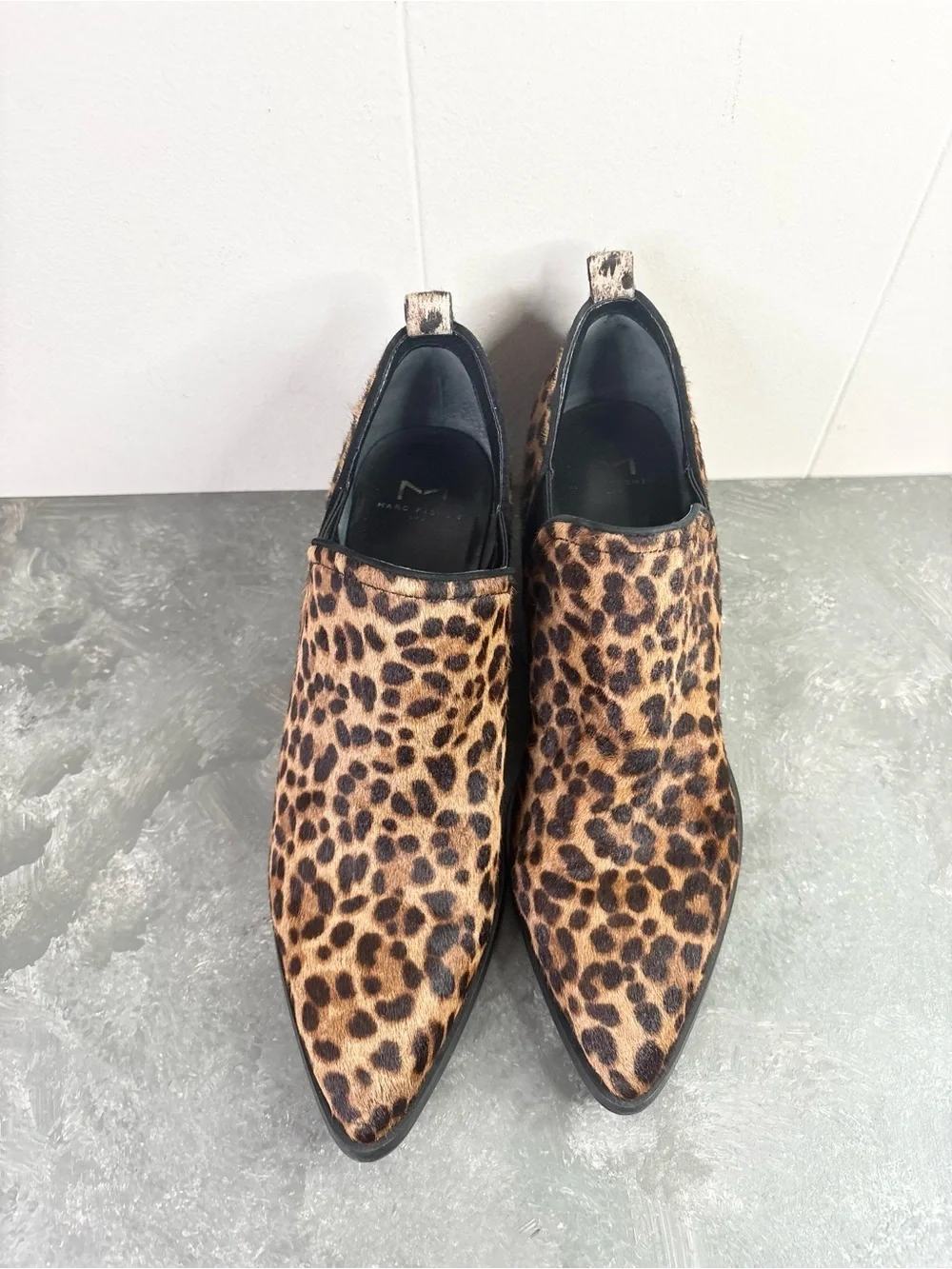 Marc Fisher Alva camel animal print calf hair pointed toe booties size 8.5